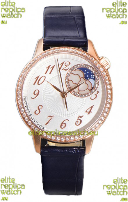 Vacheron Constantin Egerie Muse Moonphase Rose Gold Casing in White Dial Swiss Replica