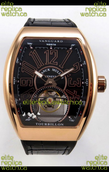 Franck Muller V45 Tourbillon Rose Gold Black Dial Brown Leather Super Clone Watch 