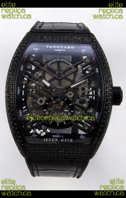 Franck Muller V45 Tourbillon Skeleton DLC Diamonds Super Clone Watch 