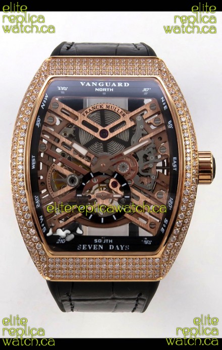 Franck Muller V45 Tourbillon Skeleton Rose Gold Diamonds Super Clone Watch 