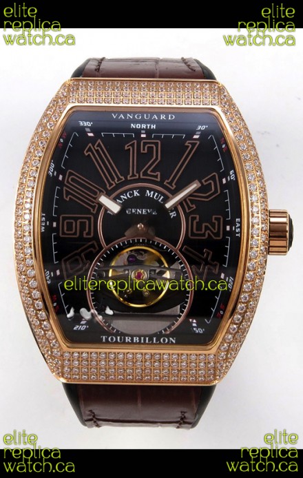 Franck Muller V45 Tourbillon Rose Gold Diamonds Brown Strap Super Clone Watch 