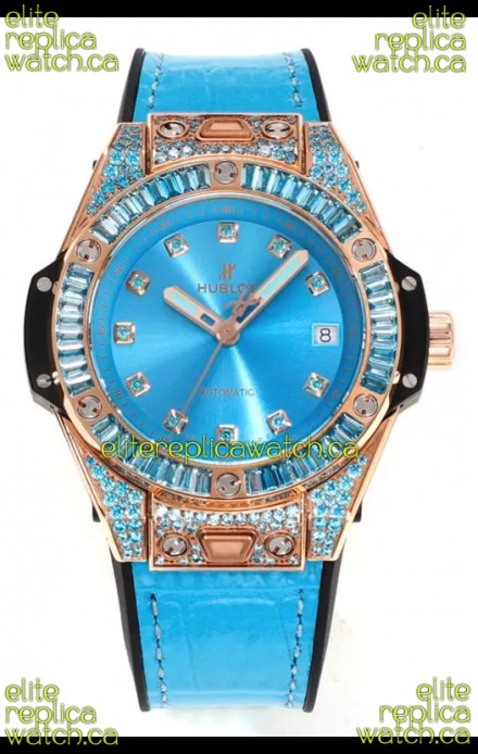 Hublot Big Bang One Click moissanite Rose Gold Super Clone Watch Blue Dial 