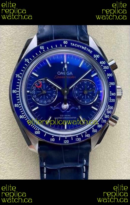 Omega Speedmaster Moonphase Blue Dial Leather Strap Super Clone Watch 