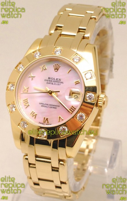 Rolex Datejust Pearlmaster Swiss Replica Gold Watch in Pink Pearl Dial -34MM