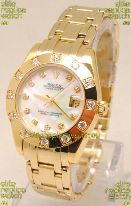 Rolex Datejust Pearlmaster Japanese Replica Gold Watch in White Pearl Dial -34MM