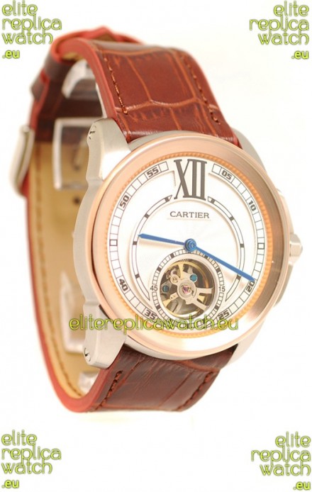Calibre de Cartier Flying Tourbillon Japanese Replica Rose Gold Watch 
