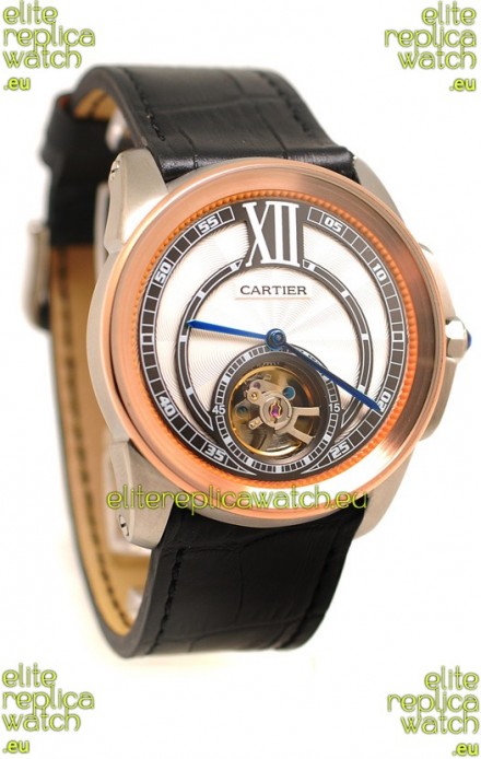 Calibre de Cartier Flying Tourbillon Japanese Replica Rose Gold Watch 