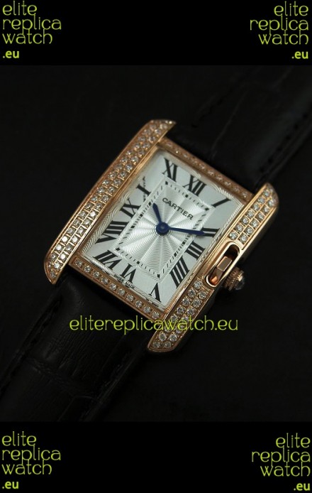 Cartier Louis Japanese Replica Ladies Rose Gold Diamond Watch in Black Strap