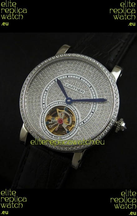 Cartier Ronde de Tourbillon Japanese Replica Diamond Watch in Black Strap