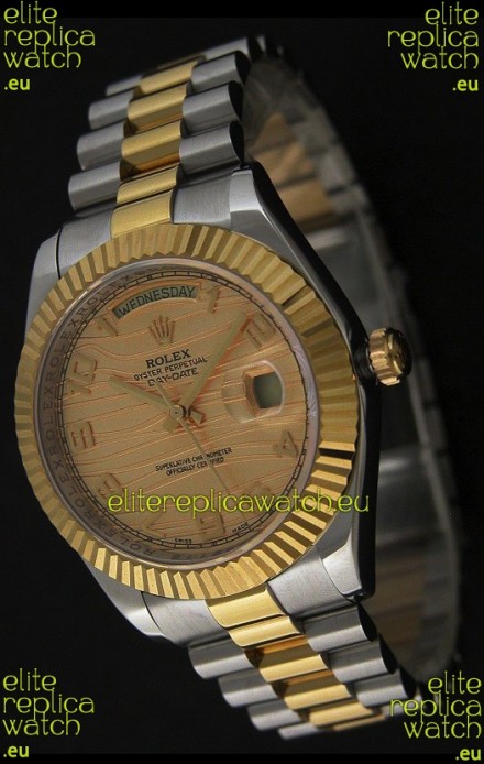 Rolex Day Date Just swiss Replica Two Tone Gold Watch in Golden Stripe Pattern Dial 