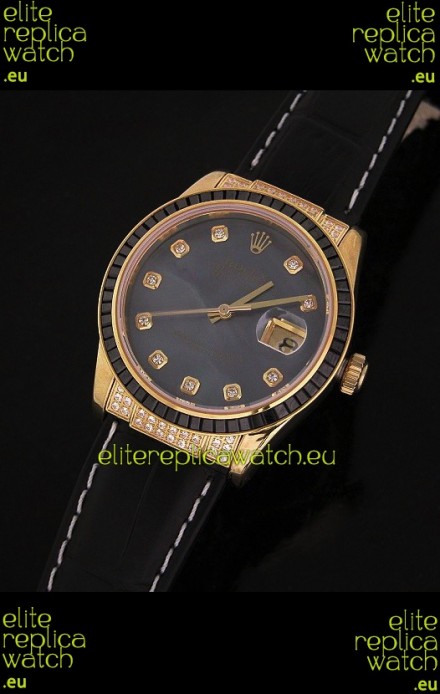 Rolex DateJust Swiss Mens Replica Yellow Gold Watch in Diamond Markers