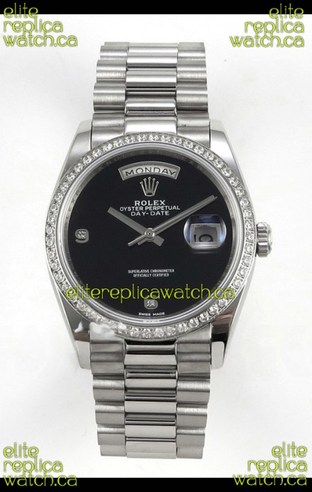 Rolex Day Date Black Dial Diamonds Bezel 36MM Swiss Replica Watch 