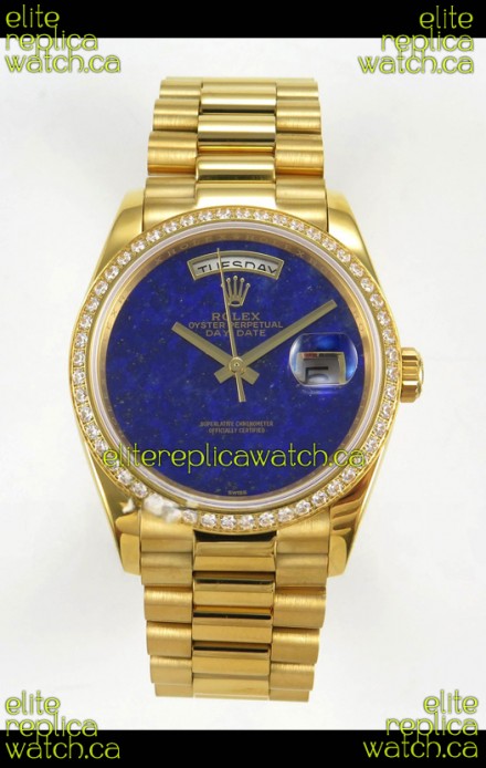 Rolex Day Date Yellow Gold Blue Lapis Dial Diamonds Bezel 36MM Swiss Replica