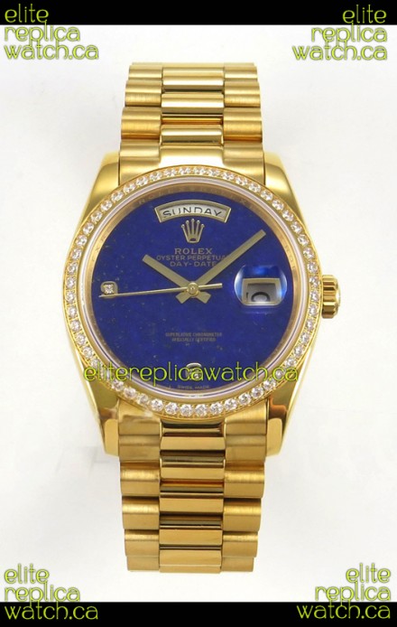 Rolex Day Date Yellow Gold Blue Lapis Dial Diamonds Bezel 36MM Swiss Replica