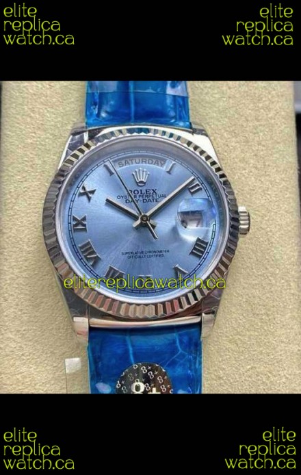 Rolex Day Date 128236 Stainless Steel ICE Blue Roman Dial Super Clone Watch 