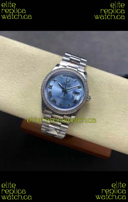 Rolex Day Date 128396TBR Steel Casing ICE Blue Roman Dial Swiss Replica Watch 
