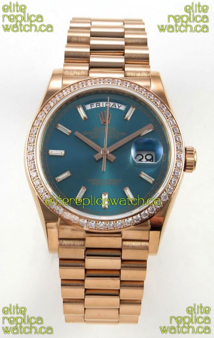 Rolex Day Date 128345 Rose Gold Green Crystal Dial Diamonds Bezel Super Clone Watch 