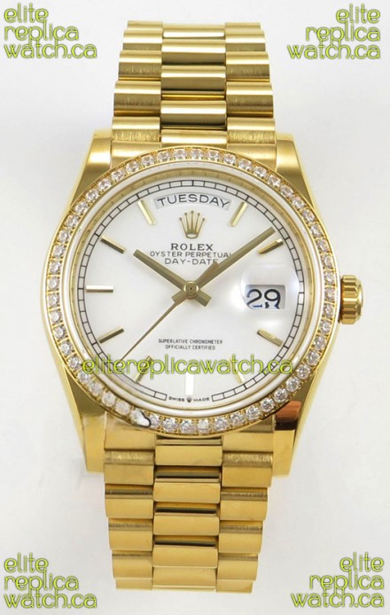 Rolex Day Date 128348 Yellow Gold White Dial Diamonds Bezel Super Clone Watch 