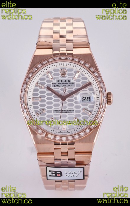 Rolex Land-Dweller 127336 Steel Honeycomb Dial Diamonds Rose Gold 40MM Super Clone Watch 