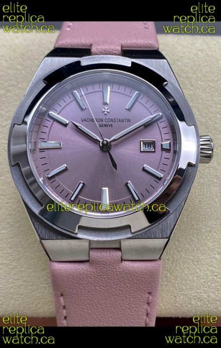 Vacheron Constantin Overseas 35MM Pink Dial Leather Strap Super Clone Watch 