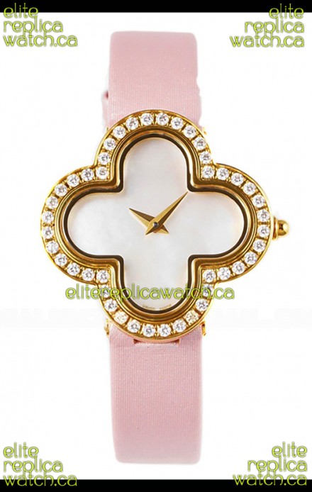 Van Cleef & Arpels Alhambra Yellow Gold Diamonds Bezel Pink Strap Watch 