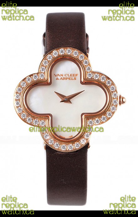 Van Cleef & Arpels Alhambra Rose Gold Diamonds Bezel Black Strap Watch 