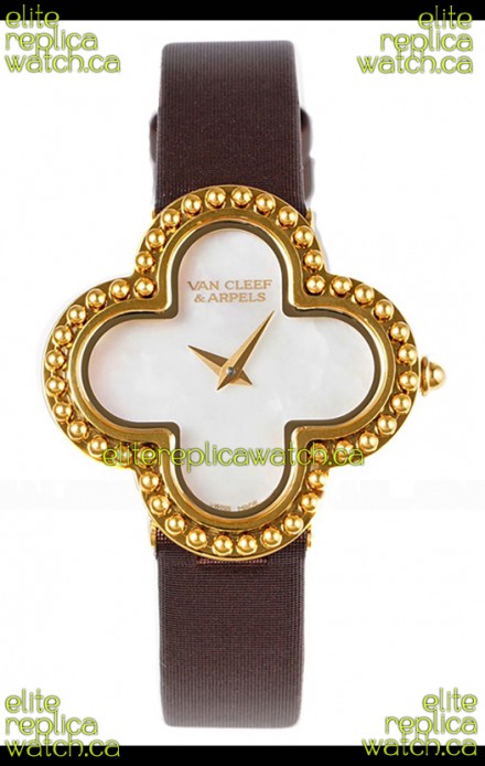 Van Cleef & Arpels Alhambra Yellow Gold Brown Strap Watch 