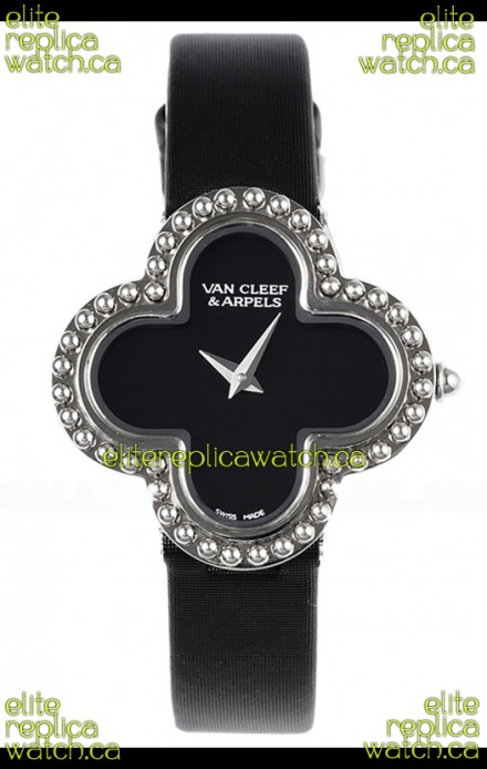 Van Cleef & Arpels Alhambra Stainless Steel Black Strap Watch 