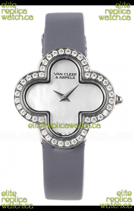 Van Cleef & Arpels Alhambra Stainless Steel Diamonds Bezel Grey Strap Watch 