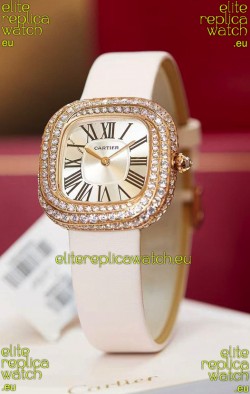 Coussin De Cartier Rose Gold Swiss Replica Watch White Strap 