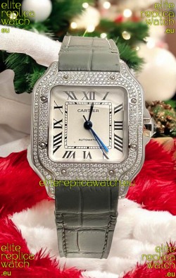 Santos De Cartier Watch in White Dial 39.50MM MOSSANITES Paved Bezel Swiss Replica Watch