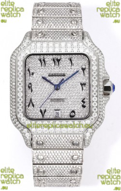 Cartier "Santos De Cartier" Stainless Steel W/ Diamonds Arabic Dial 1:1 Mirror Replica - 40MM - Genuine Diamonds