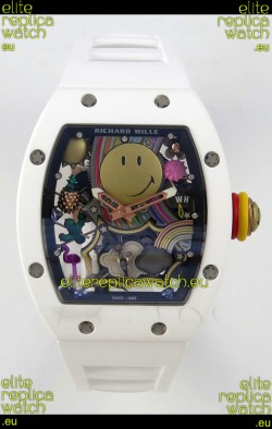 Richard Mille Super Clone RM088 Smiley Tourbillon White Ceramic Rubber Strap Watch 