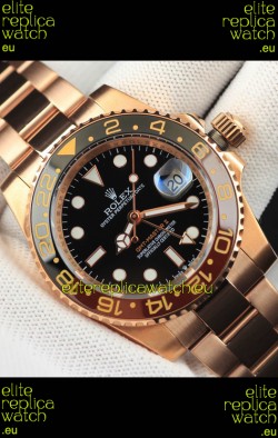 Rolex GMT Masters II Rose Gold Plating Japanese Replica Watch Black Dial