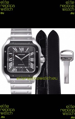 Cartier "Santos De Cartier" Mens XL 1:1 Mirror Replica Watch in Stainless Steel Casing - Black Bezel