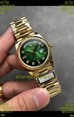 Rolex Day Date Super Clone Yellow Gold Green Dial Diamonds Numerals Watch 36MM - 1:1 Mirror Quality