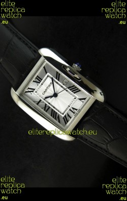 Cartier Tank Ladies Replica Watch in Steel Case/Black Strap
