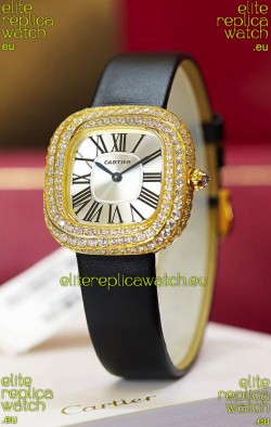 Coussin De Cartier Yellow Gold Swiss Replica Watch Black Strap 