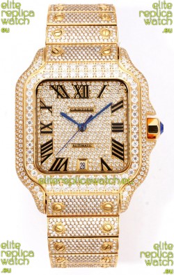 Cartier "Santos De Cartier" Yellow Gold W/ Diamonds Roman Dial 1:1 Mirror Replica - 40MM - Genuine Diamonds
