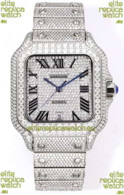 Cartier "Santos De Cartier" Stainless Steel W/ Diamonds Roman Dial 1:1 Mirror Replica - 40MM - Genuine Diamonds