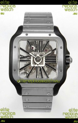 Santos De Cartier Super Clone Watch in Skeleton Dial Brushed DLC Coated Steel Casing Watch 