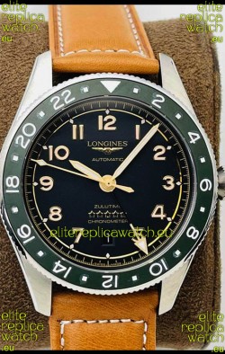 Longines Spirit ZULU Time 1:1 Mirror Replica Watch in 904L Steel Casing - Swiss L844.4 Automatic Movement Brown Strap