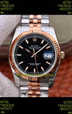 Rolex Datejust 36MM Cal.3135 Movement Swiss Replica Watch in 904L Steel Two Tone Casing Black Dial