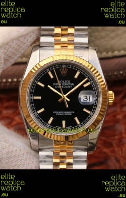 Rolex Datejust 36MM Cal.3135 Movement Swiss Replica Watch in 904L Steel Two Tone Casing Black Dial
