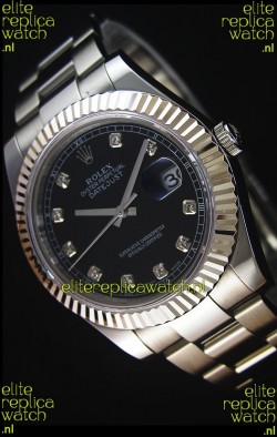 Rolex Datejust II 41MM with Cal.3136 Movement Swiss Replica Watch in Black Dial Diamonds Markers