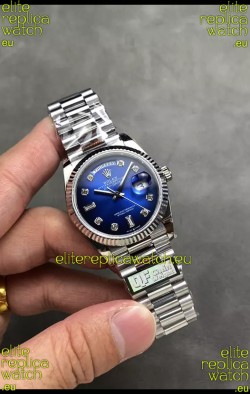 Rolex Day Date Super Clone Stainless Steel Blue Dial Diamonds Numerals Watch 36MM - 1:1 Mirror Quality