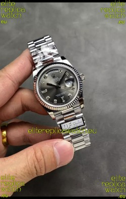 Rolex Day Date Super Clone Stainless Steel Grey Dial Diamonds Numerals Watch 36MM - 1:1 Mirror Quality