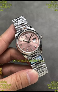 Rolex Day Date Super Clone Stainless Steel Pink Dial Crystal Numerals Watch 36MM - 1:1 Mirror Quality