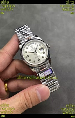 Rolex Day Date Super Clone Stainless Steel Silver Dial Diamonds Numerals Watch 36MM - 1:1 Mirror Quality