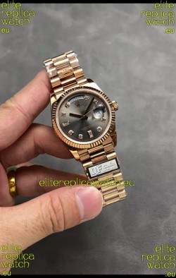 Rolex Day Date Super Clone Rose Gold Grey Dial Diamonds Numerals Watch 36MM - 1:1 Mirror Quality